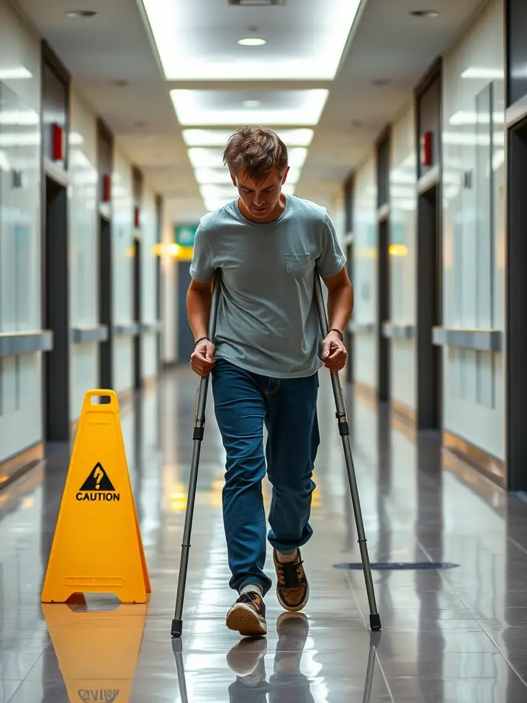 A person is carefully walking with crutches on a wet floor with a 'Caution' sign nearby, indicating a slip and fall hazard. The setting is a brightly lit commercial building, emphasizing the potential negligence of property owners. This image represents slip and fall cases handled by Accident Law Firm of Florida.