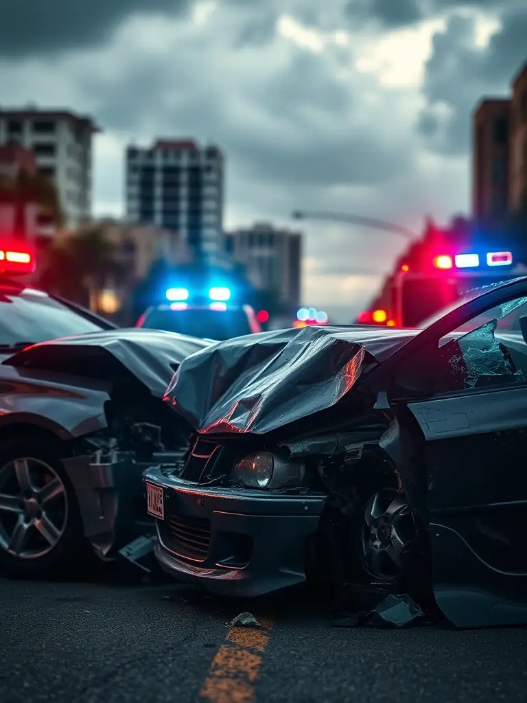 A photograph depicting a car accident scene with visible damage to vehicles, emphasizing the aftermath and potential injuries.