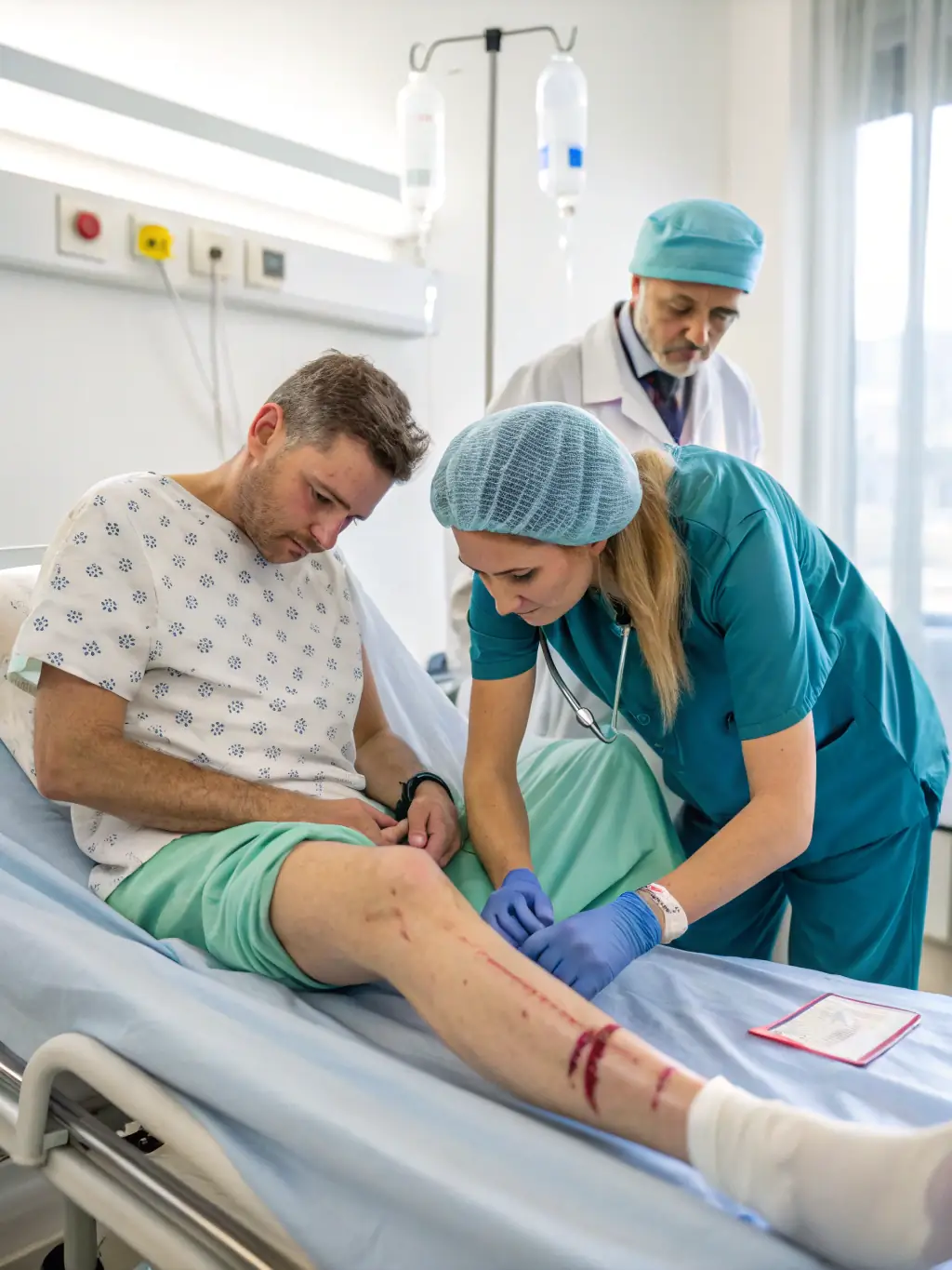 A person in a hospital bed with visible injuries, surrounded by medical equipment. The scene is set in a hospital room, emphasizing the physical and emotional distress of personal injury victims. This image represents personal injury cases handled by Accident Law Firm of Florida.