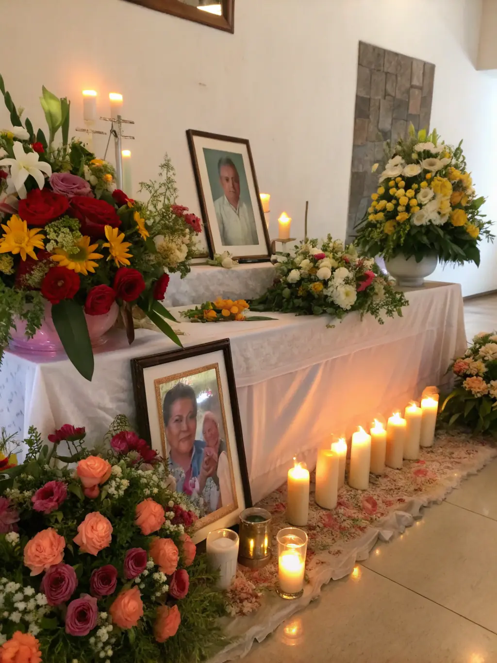 A somber image of a memorial with flowers and candles, set against a soft, natural background. The scene evokes a sense of loss and remembrance, symbolizing the gravity of wrongful death cases. This image represents wrongful death cases handled by Accident Law Firm of Florida.