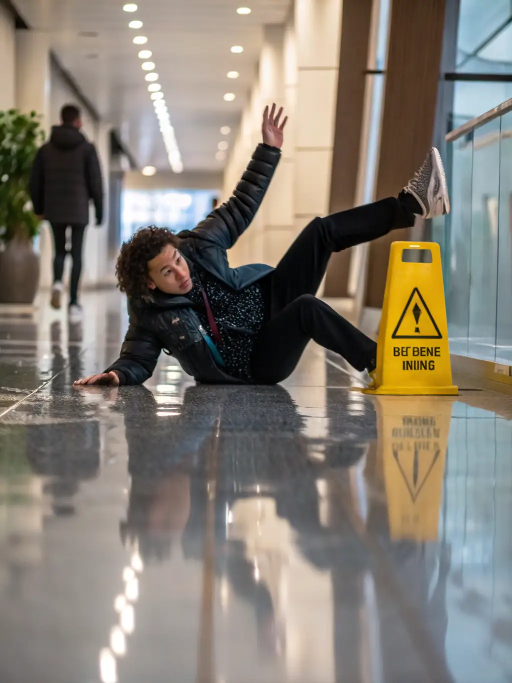 A person slipping on a wet floor in a public place, highlighting the dangers of negligence and potential for injury.