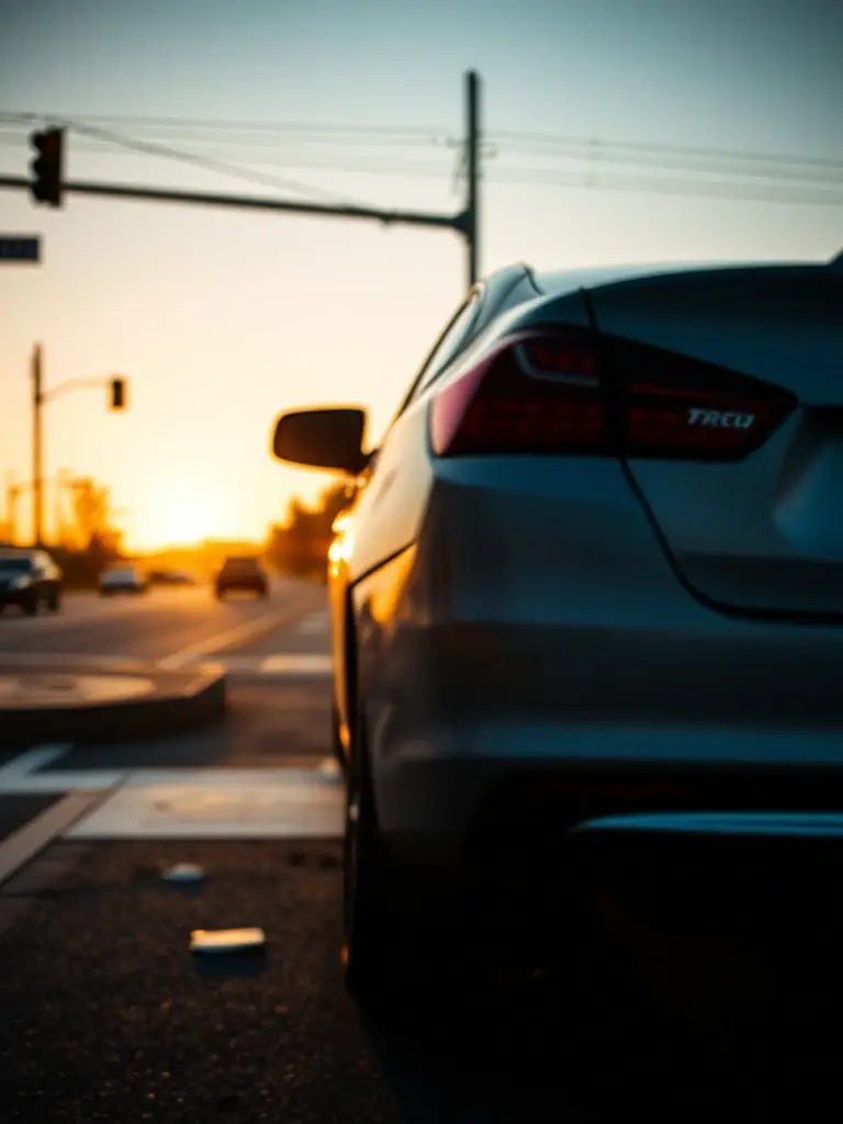 A slightly blurred image of a damaged car at an intersection after an accident, focusing on the point of impact. The scene is set during the day with other cars passing by in the background, suggesting a busy intersection. This image represents car accident cases handled by Accident Law Firm of Florida.